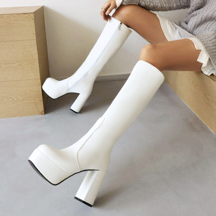 Pu Leather Square Toe Side Zippers Block Chunky Heel Platform Knee High Boots for Women