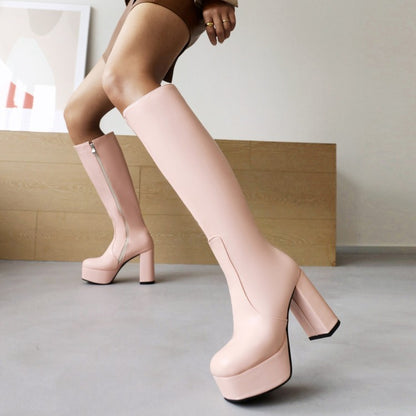 Pu Leather Square Toe Side Zippers Block Chunky Heel Platform Knee High Boots for Women