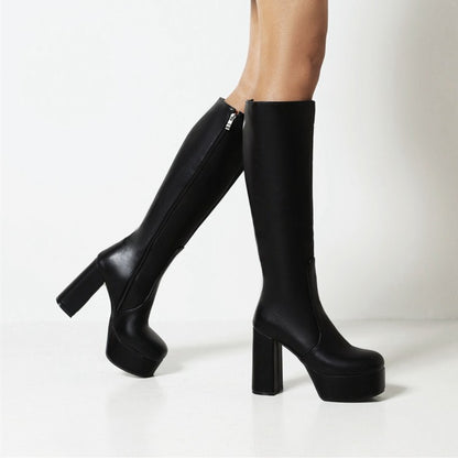 Pu Leather Square Toe Side Zippers Block Chunky Heel Platform Knee High Boots for Women