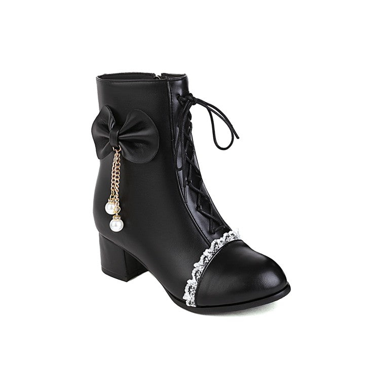 Pu Leather Round Toe Lace Lace-Up Pearls Bow Tie Side Zippers Block Chunky Heel Short Boots for Women