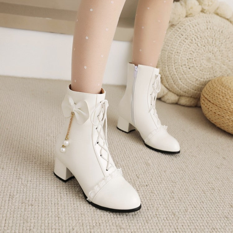 Pu Leather Round Toe Lace Lace-Up Pearls Bow Tie Side Zippers Block Chunky Heel Short Boots for Women