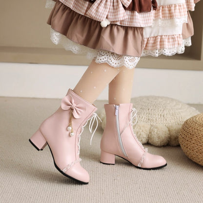 Pu Leather Round Toe Lace Lace-Up Pearls Bow Tie Side Zippers Block Chunky Heel Short Boots for Women