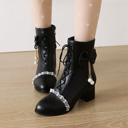 Pu Leather Round Toe Lace Lace-Up Pearls Bow Tie Side Zippers Block Chunky Heel Short Boots for Women