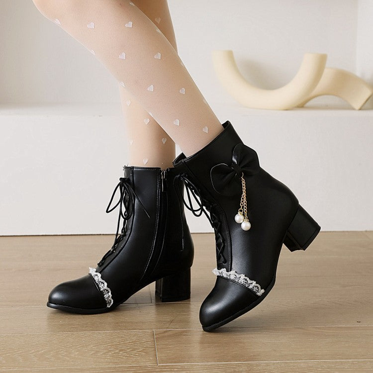 Pu Leather Round Toe Lace Lace-Up Pearls Bow Tie Side Zippers Block Chunky Heel Short Boots for Women