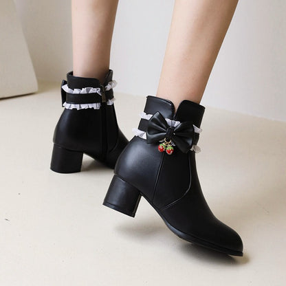 Pu Leather Lace Bow Tie Side Zippers Block Chunky Heel Short Boots for Women