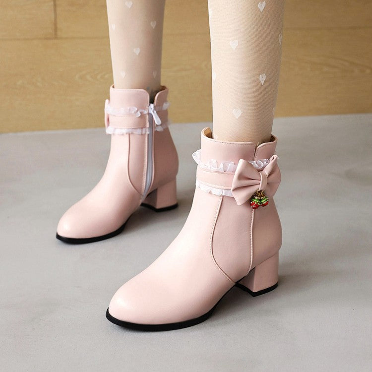 Pu Leather Lace Bow Tie Side Zippers Block Chunky Heel Short Boots for Women