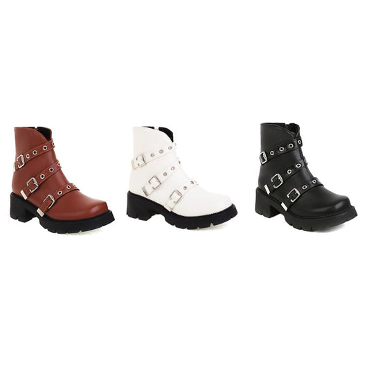 Ladies Pu Leather Rivets Buckles Belts Puppy Heel Short Boots