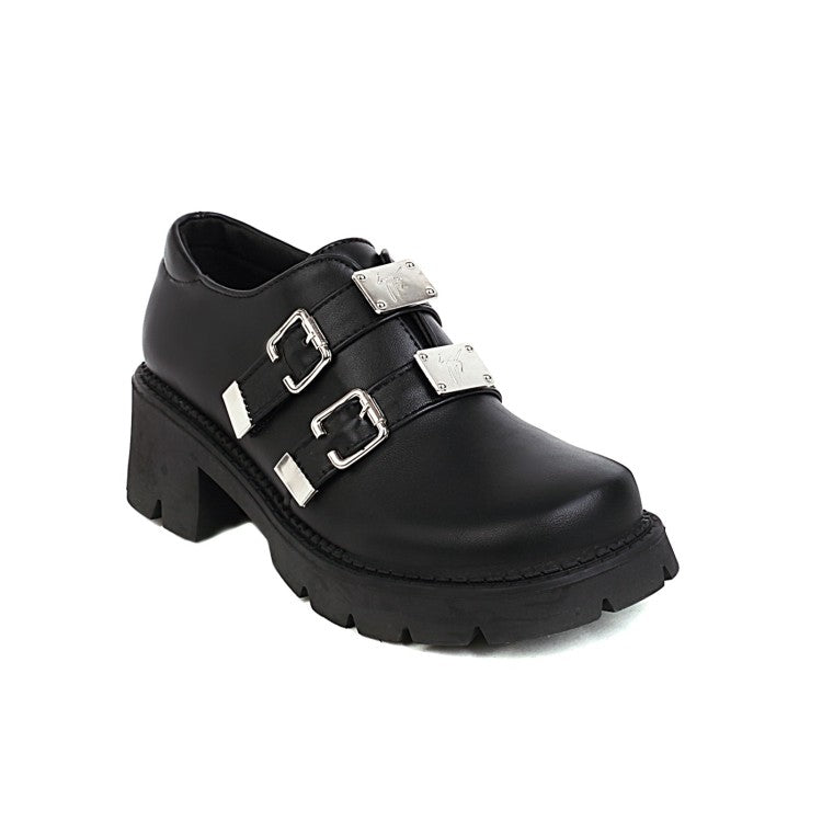 Ladies Pu Leather Buckles Belts Block Heel Platform Chunky Heels Shoes