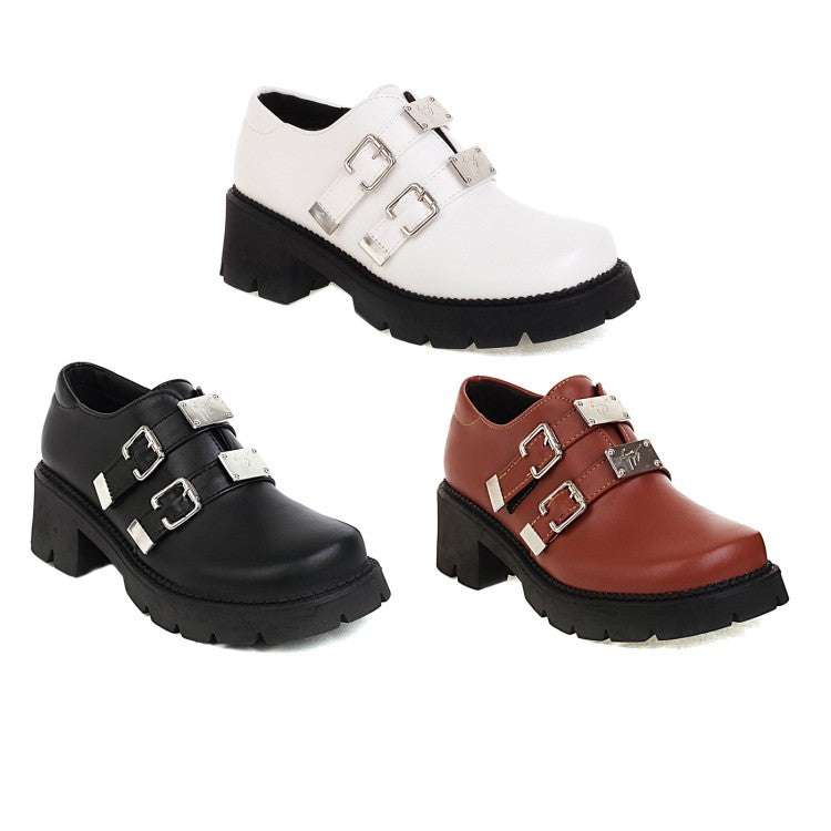 Ladies Pu Leather Buckles Belts Block Heel Platform Chunky Heels Shoes