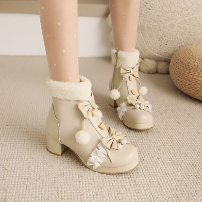 Square Toe Lace Bow Tie Pearls Block Chunky Heel Ankle Boots for Women