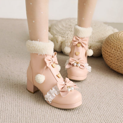 Square Toe Lace Bow Tie Pearls Block Chunky Heel Ankle Boots for Women