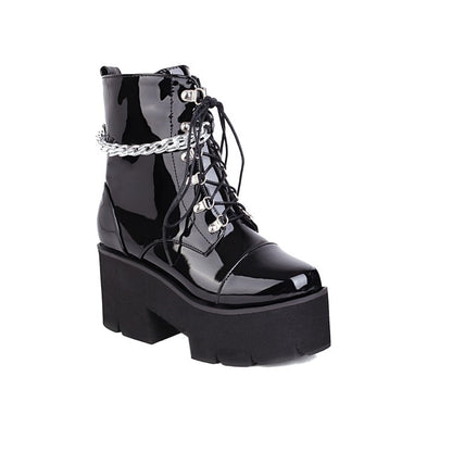 Glossy Round Toe Lace Up Metal Chains Block Chunky Heel Platform Short Boots for Women