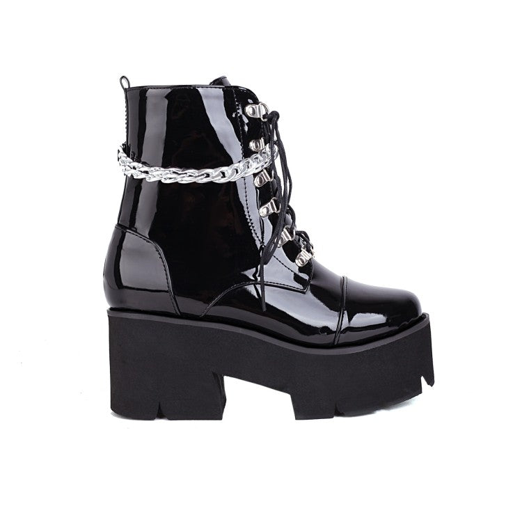 Glossy Round Toe Lace Up Metal Chains Block Chunky Heel Platform Short Boots for Women