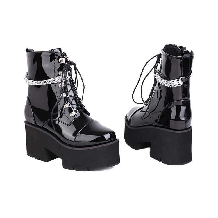 Glossy Round Toe Lace Up Metal Chains Block Chunky Heel Platform Short Boots for Women