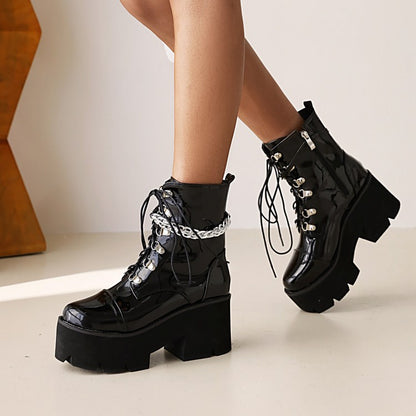 Glossy Round Toe Lace Up Metal Chains Block Chunky Heel Platform Short Boots for Women