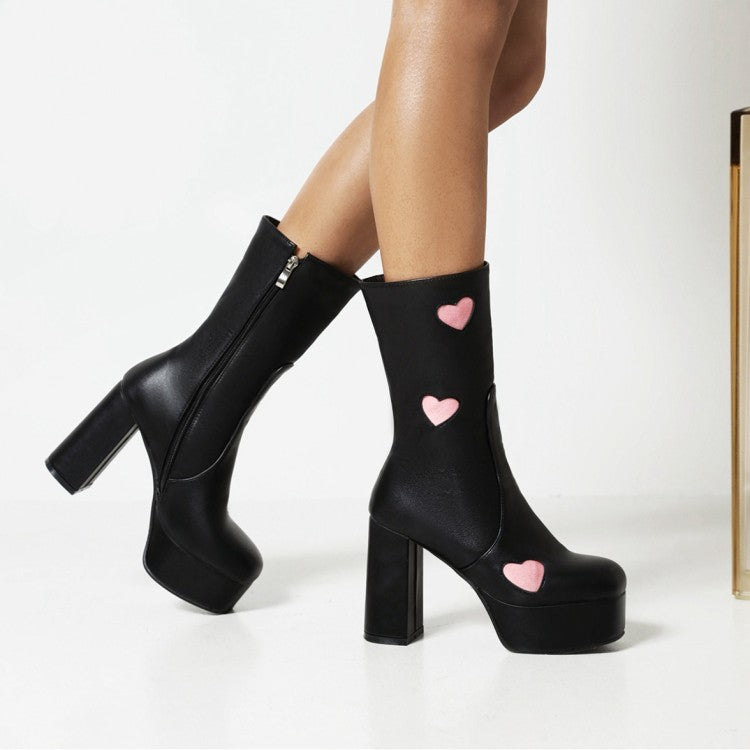 Bicolor Love Hearts Pu Leather Round Toe Side Zippers Block Chunky Heel Platform Mid Calf Boots for Women