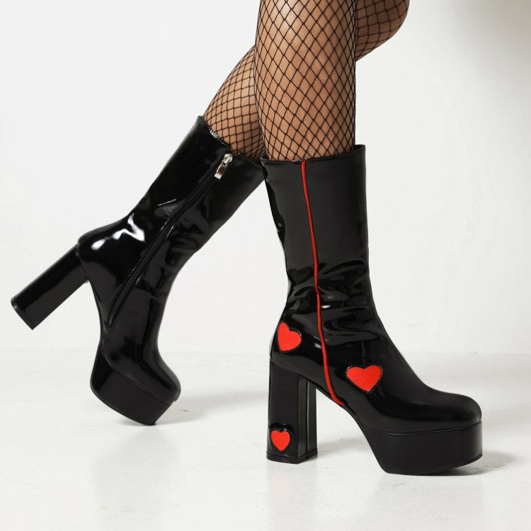 Glossy Round Toe Love Hearts Side Zippers Block Chunky Heel Platform Mid Calf Boots for Women