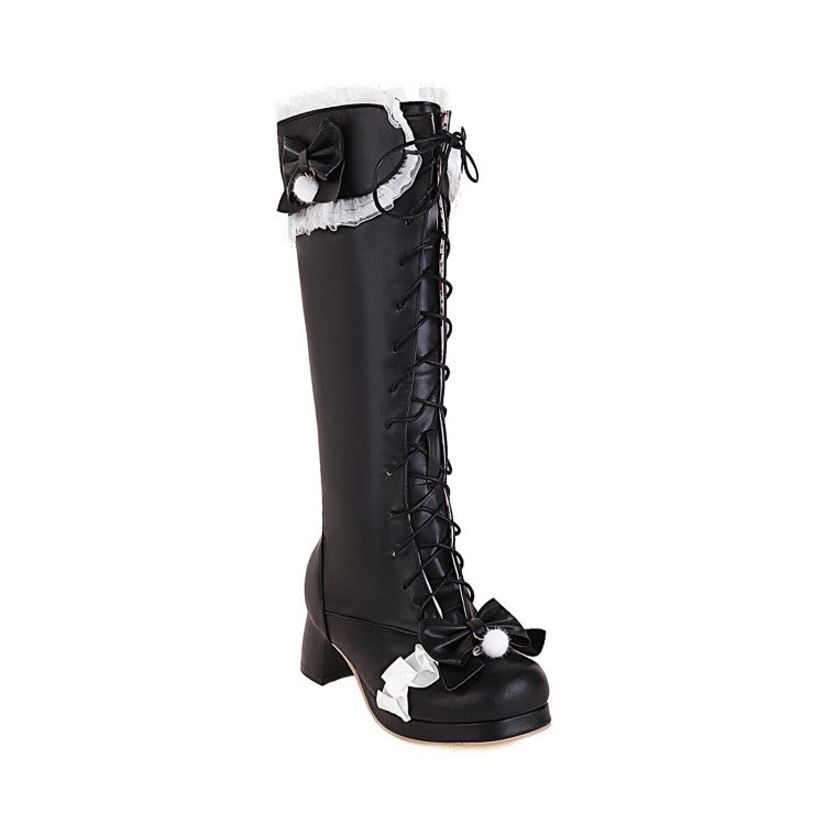 Lace Bow Tie Block Chunky Heel Knee-High Boots for Women