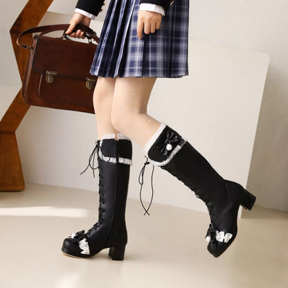 Lace Bow Tie Block Chunky Heel Knee-High Boots for Women