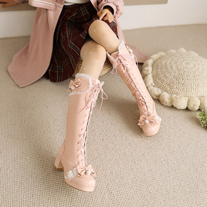 Lace Bow Tie Block Chunky Heel Knee-High Boots for Women