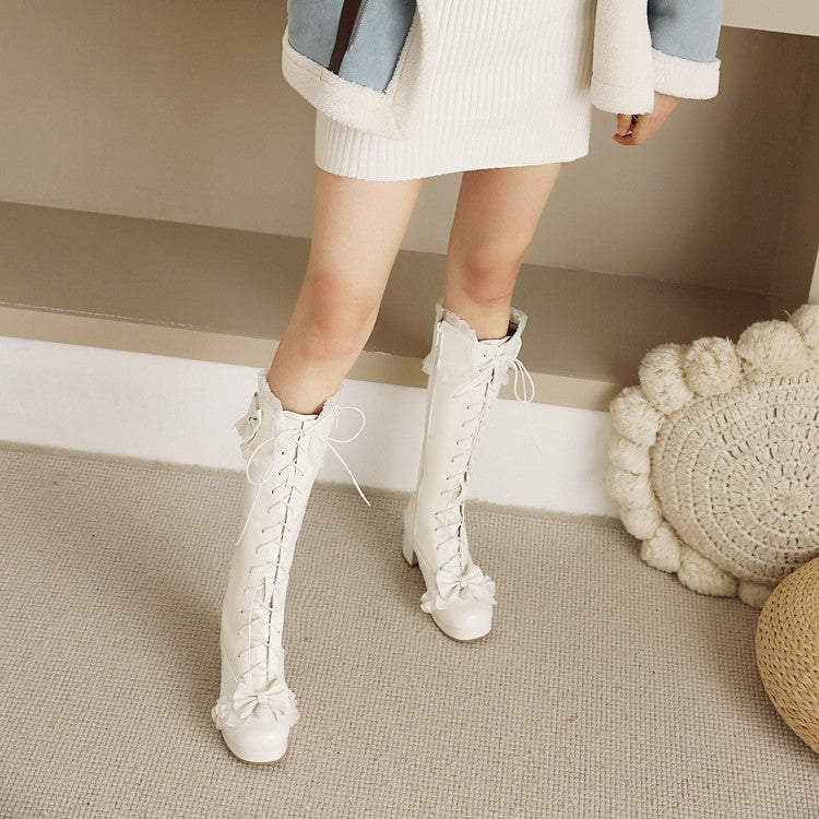 Lace Bow Tie Block Chunky Heel Knee-High Boots for Women