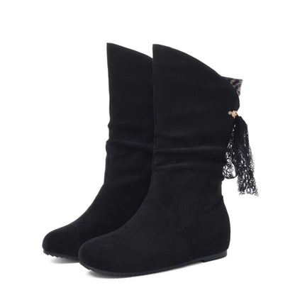 Round Toe Back Tassel Flat Inside Heighten Mid Calf Boots for Women