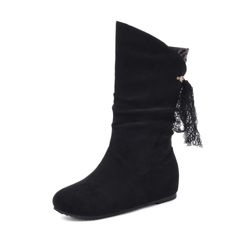 Round Toe Back Tassel Flat Inside Heighten Mid Calf Boots for Women