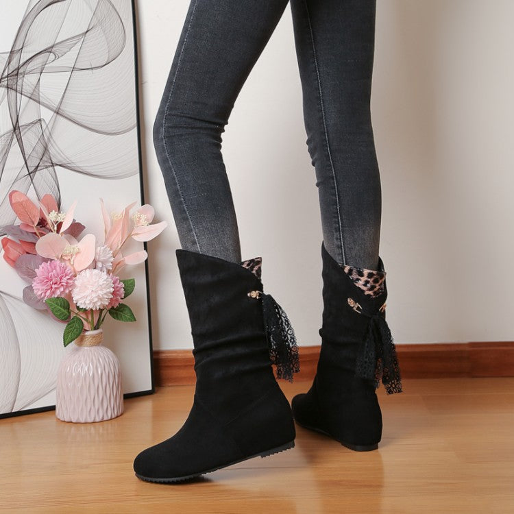 Round Toe Back Tassel Flat Inside Heighten Mid Calf Boots for Women