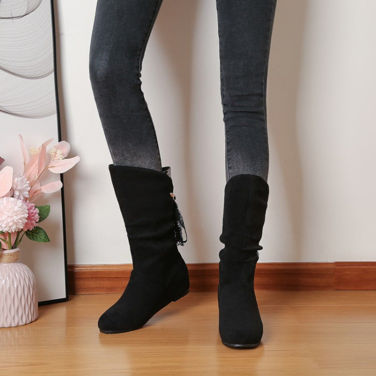 Round Toe Back Tassel Flat Inside Heighten Mid Calf Boots for Women