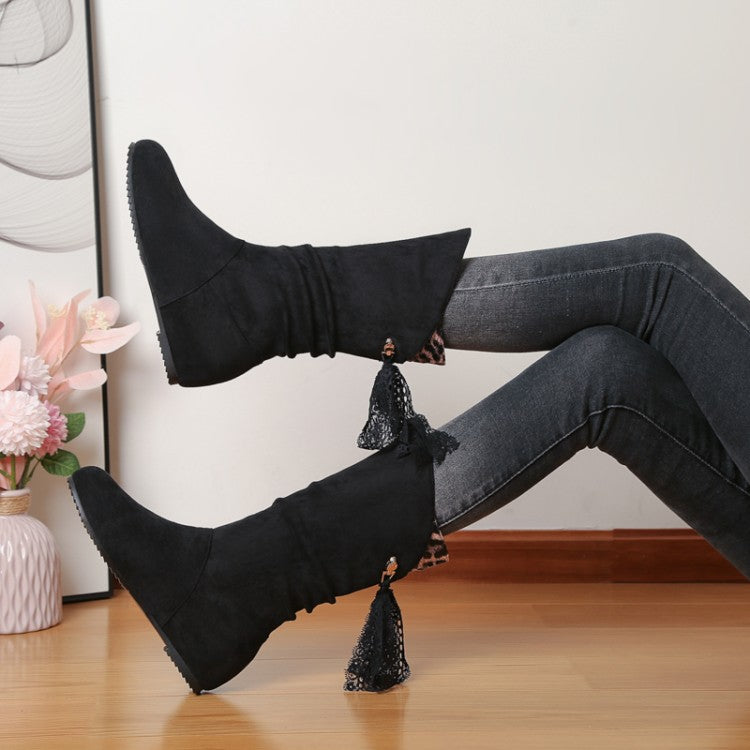 Round Toe Back Tassel Flat Inside Heighten Mid Calf Boots for Women