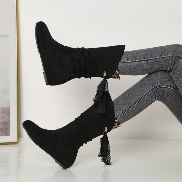 Round Toe Back Tassel Flat Inside Heighten Mid Calf Boots for Women