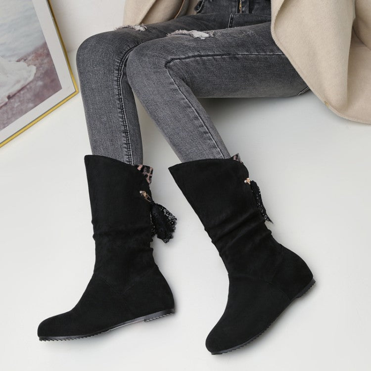 Round Toe Back Tassel Flat Inside Heighten Mid Calf Boots for Women