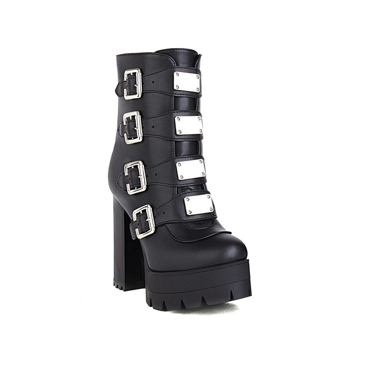 Round Toe Sequins Metal Buckle Straps Block Chunky Heel Platform Mid-Calf Boots for Women