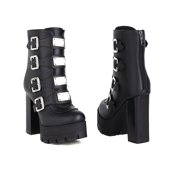 Round Toe Sequins Metal Buckle Straps Block Chunky Heel Platform Mid-Calf Boots for Women