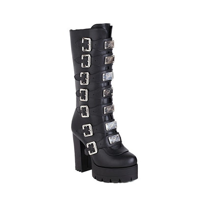 Round Toe Sequins Metal Buckle Straps Block Chunky Heel Platform Mid-Calf Boots for Women