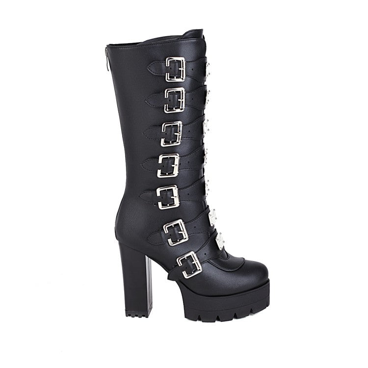 Round Toe Sequins Metal Buckle Straps Block Chunky Heel Platform Mid-Calf Boots for Women