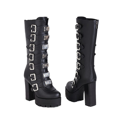 Round Toe Sequins Metal Buckle Straps Block Chunky Heel Platform Mid-Calf Boots for Women