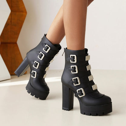 Round Toe Sequins Metal Buckle Straps Block Chunky Heel Platform Mid-Calf Boots for Women