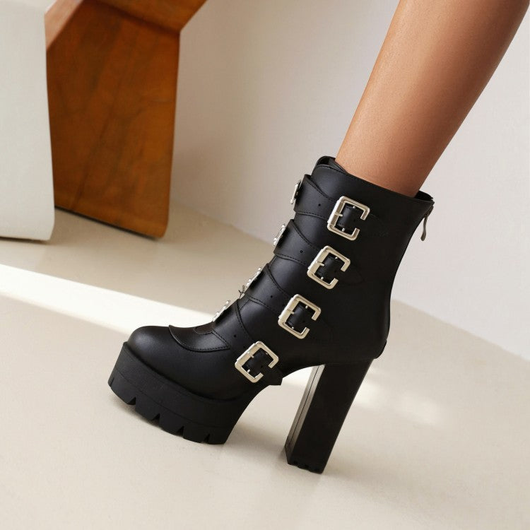 Round Toe Sequins Metal Buckle Straps Block Chunky Heel Platform Mid-Calf Boots for Women