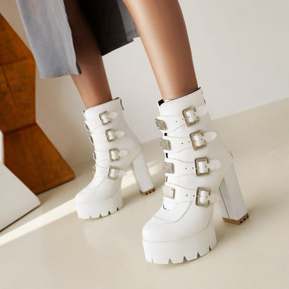 Round Toe Sequins Metal Buckle Straps Block Chunky Heel Platform Mid-Calf Boots for Women