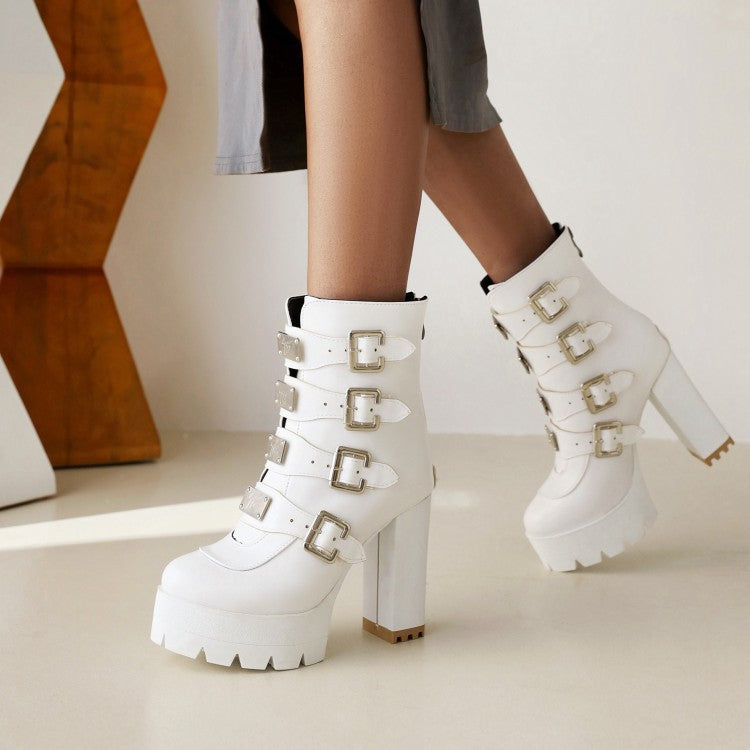 Round Toe Sequins Metal Buckle Straps Block Chunky Heel Platform Mid-Calf Boots for Women