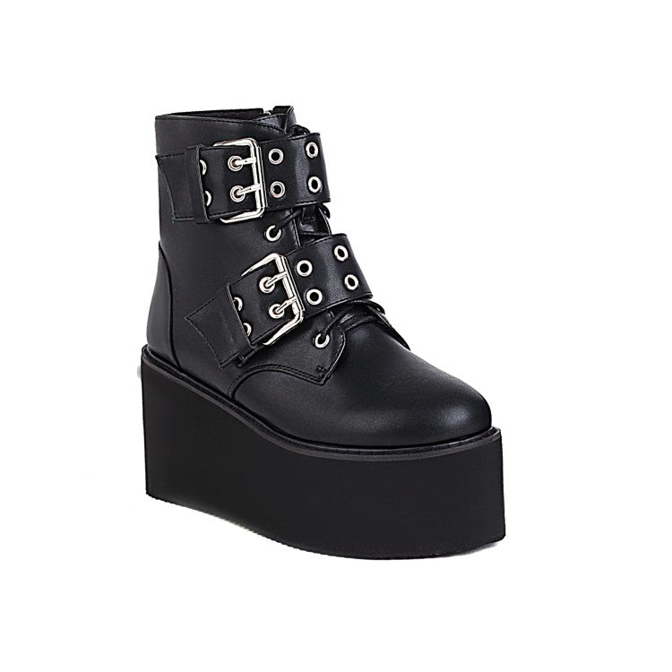 Booties Glossy Round Toe Double Buckle Straps Wedge Heel Platform Short Boots for Women