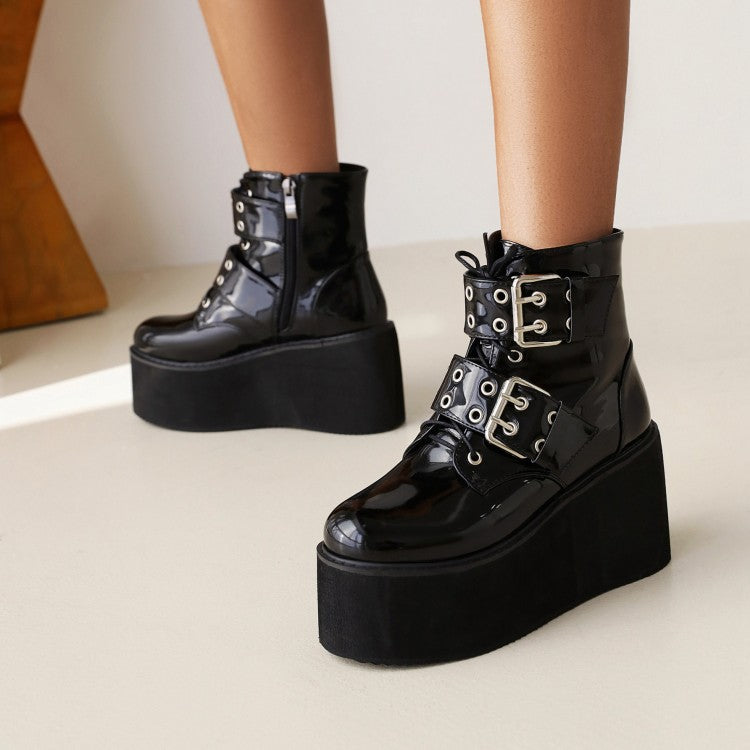 Booties Glossy Round Toe Double Buckle Straps Wedge Heel Platform Short Boots for Women