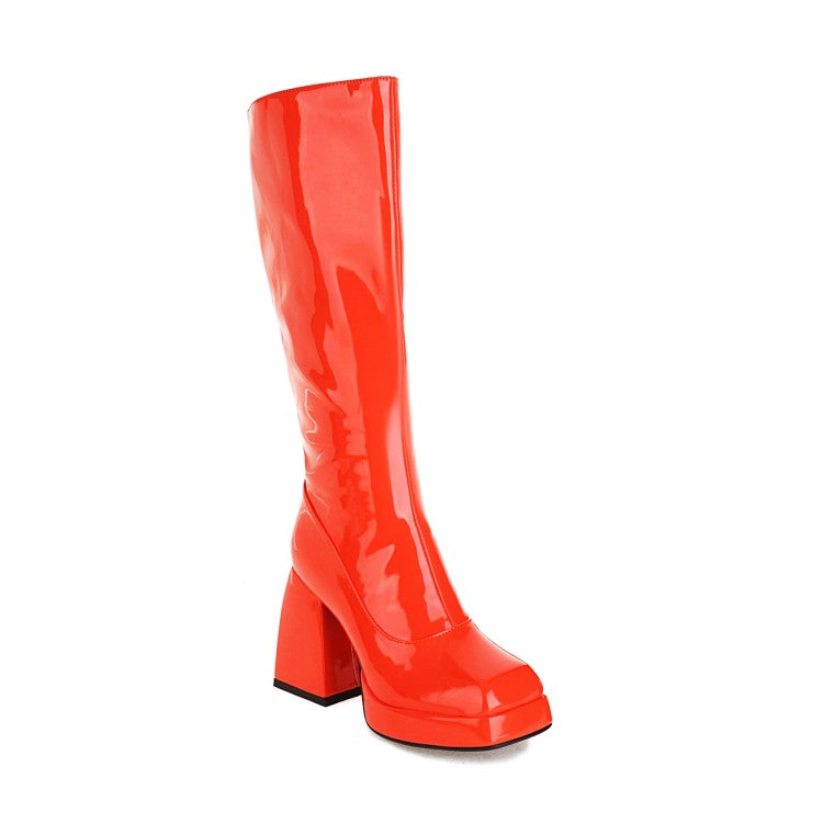 Glossy Square Toe Side Zippers Block Chunky Heel Platform Knee High Boots for Women