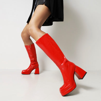 Glossy Square Toe Side Zippers Block Chunky Heel Platform Knee High Boots for Women