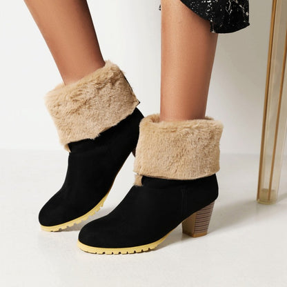 Ladies Fold Suede Stitching Patchwork Fur Chunky Heel Short Boots