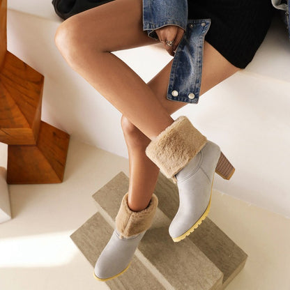 Ladies Fold Suede Stitching Patchwork Fur Chunky Heel Short Boots