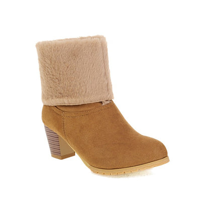 Ladies Fold Suede Stitching Patchwork Fur Chunky Heel Short Boots