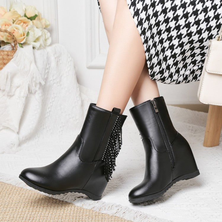 Pu Leather Round Toe Inside Heighten String Bead Tassel Wedge Heel Ankle Boots for Women