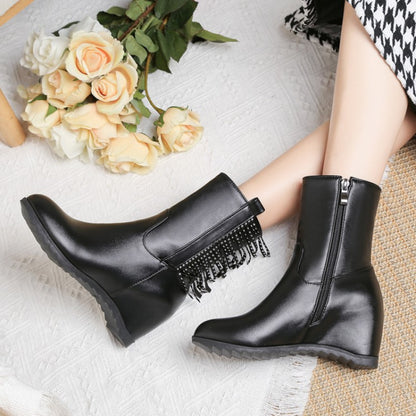 Pu Leather Round Toe Inside Heighten String Bead Tassel Wedge Heel Ankle Boots for Women